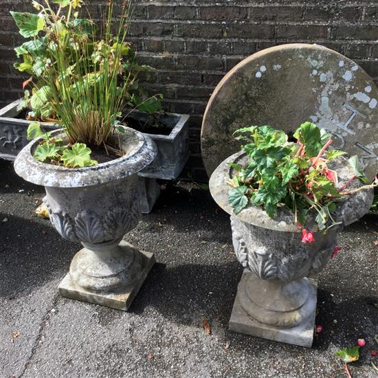 Pair reconstituted stone garden urns